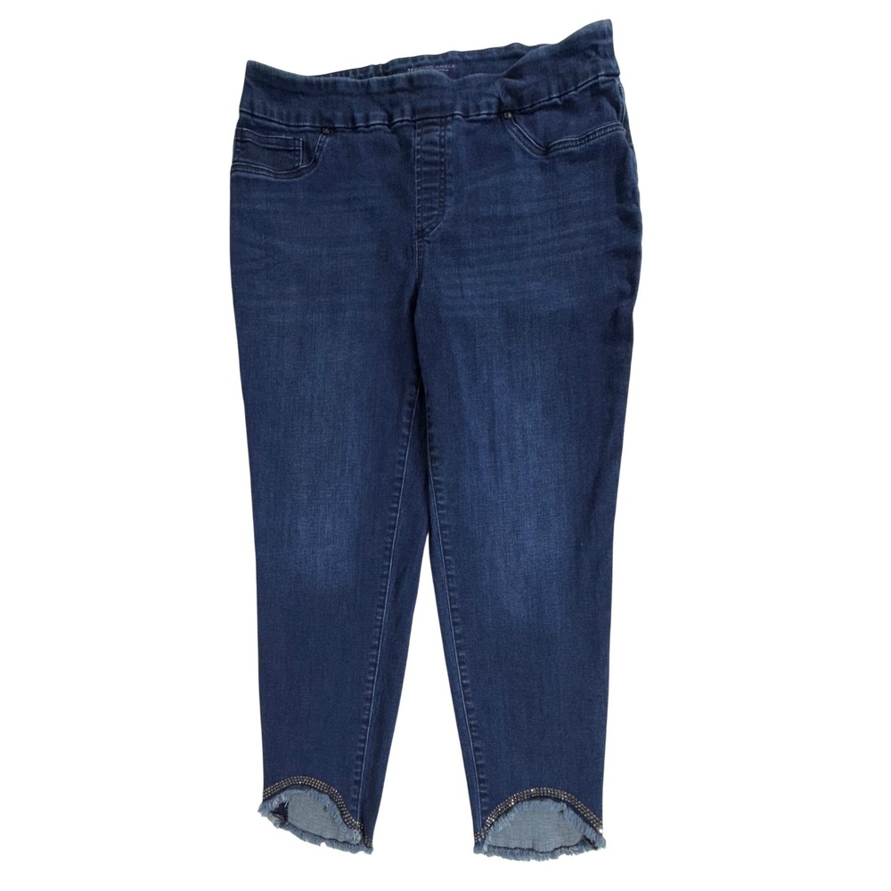 Chicos Jegging Ankle Jeans 12R Blue Rhinestone Hem Frayed Pull On High Rise
